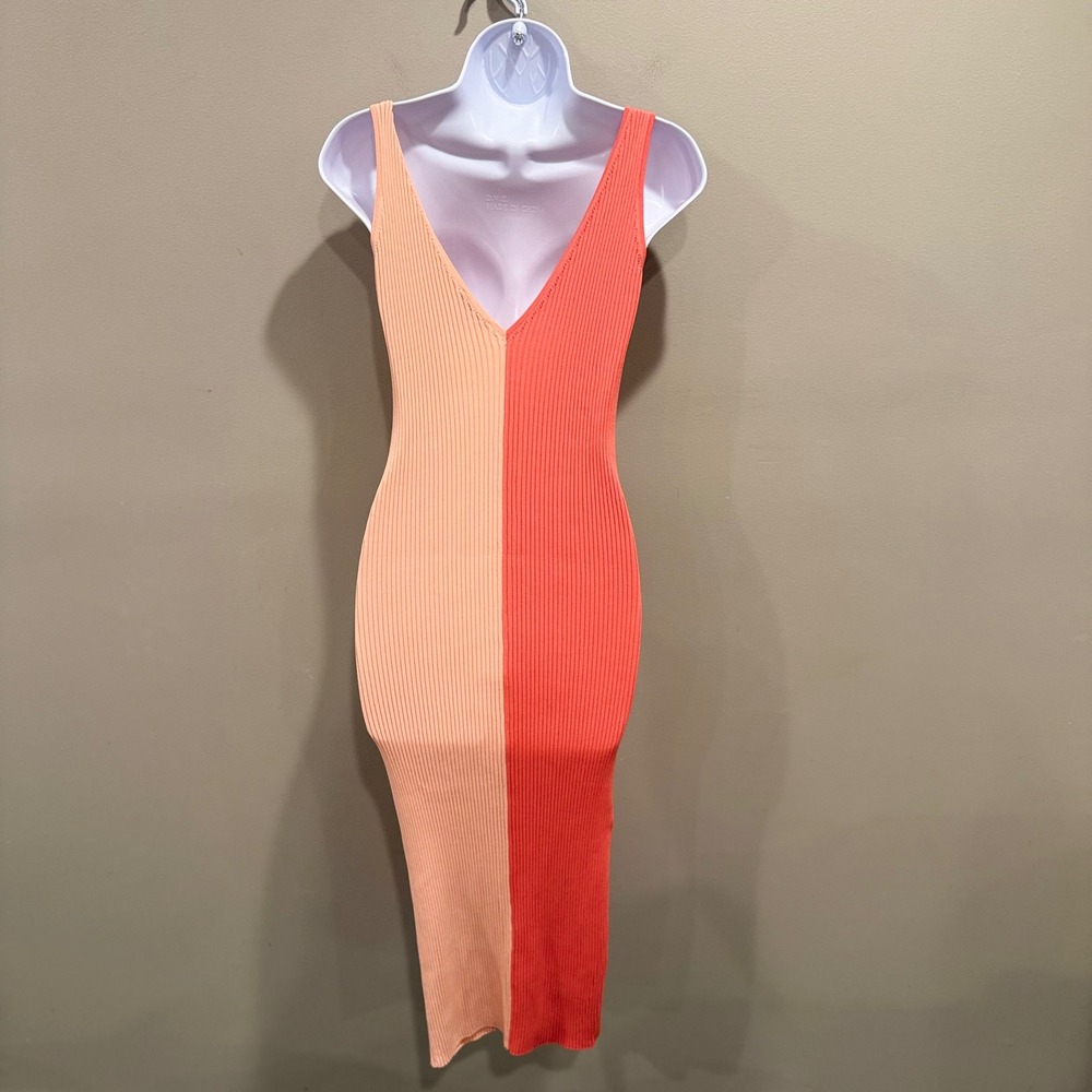 STAUD Dana Ribbed Knit Colorblock Midi Dress Peach Coral Orange Sml V-Neck Small - Picture 7 of 14